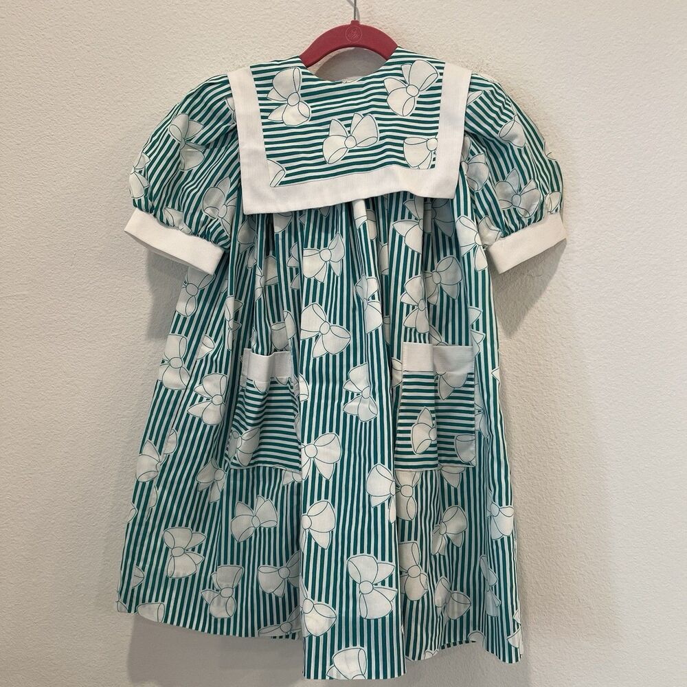 Maria Casero Girls Saylor Bow Print Pleated Green Dress Size 5 Party Summer